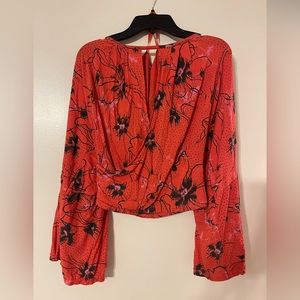 Puff Sleeve Orange Floral Pattern Free People Top, Size Small